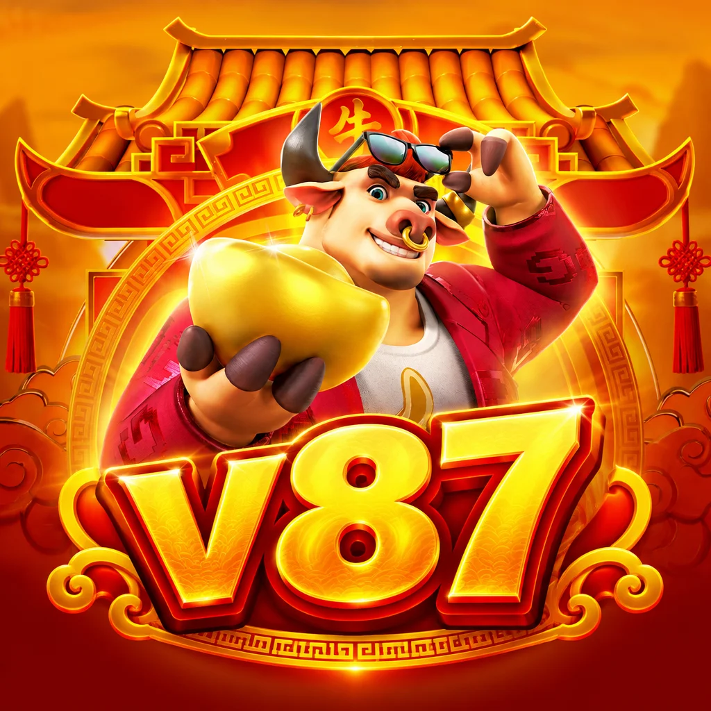 Karakter banteng Fortune Ox dengan syal merah dan kacamata hitam memegang sebongkah emas di depan gerbang emas berlogo v87