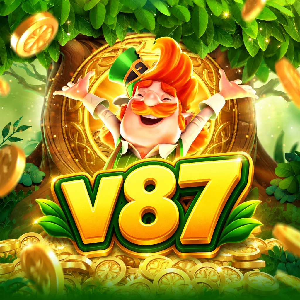 Karakter leprechaun bertopi hijau tersenyum di samping kuali koin emas berlatar hutan Leprechaun Riches pada v87